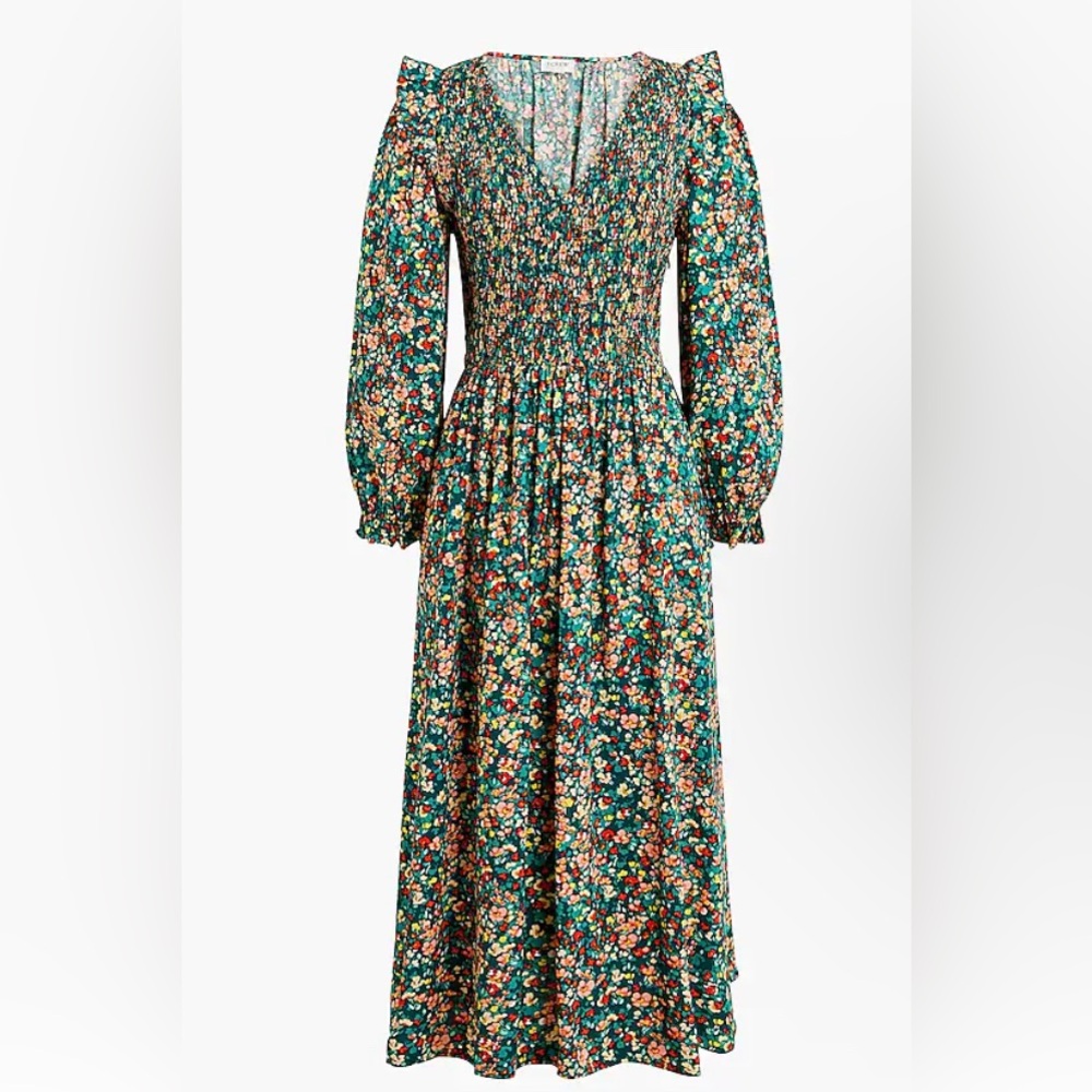 JCrew Floral V-neck smocked midi dress